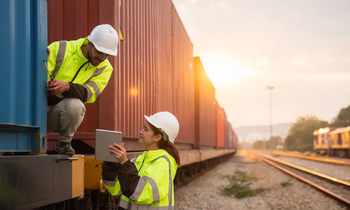 Logistikmitarbeiter an Bahncontainern während der Ladungskontrolle
